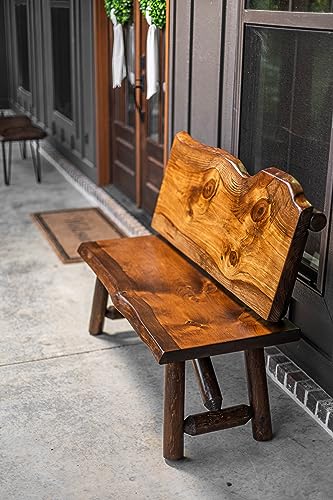 SOUTHERN RUSTIC LOGWERKS Rustic Log Live Edge Pine Bench with Back Rest Support (Honey Pine)