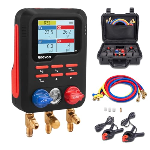 ROGVOC Digital Manifold Gauge, HVAC Refrigerants Digital AC Gauges Set with 2 Thermometer Clamps and 3 Hoses, for R22/R410A/R134A/1234YF Refrigerant Recharge Kit, Black