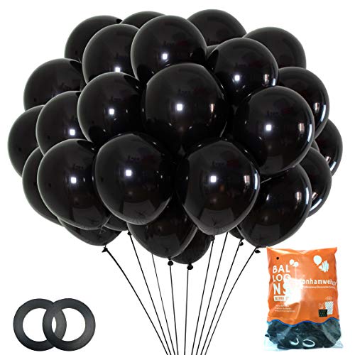 Jonhamwelbor Black Balloons 12 inch 100 Pack Black Metallic Chrome Balloons Black Latex Balloons for Birthday Halloween Graduation Baby Shower Party Decorations (with Black Ribbon)