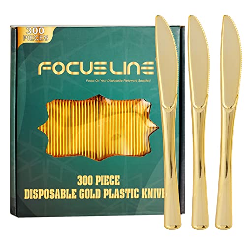 FOCUSLINE 300 Pack Disposable Gold Plastic Knives, Solid and Durable Plastic Cutlery Knives, Heavy Duty Disposable Utensil Silverware for Catering, Parties, Dinners, Weddings