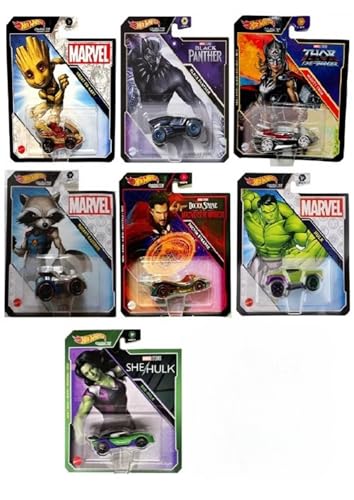 Hot Wheels Marvel Character Cars 7-Pack Vehicles - Groot, Black Panther, Thor, Rocket, Doctor Strange, Hulk, and She Hulk