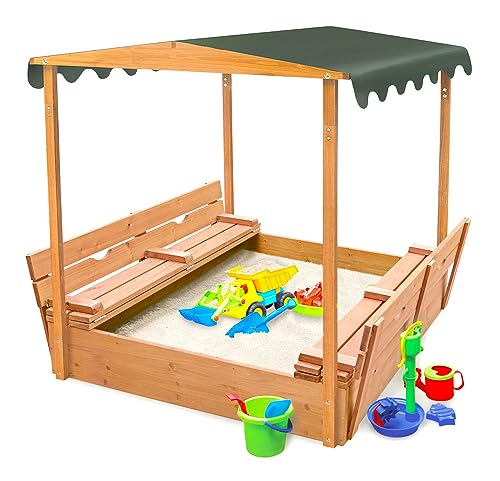 Badger Basket Cedar Sandbox for Kids with Canopy & Benches - Outdoor Convertible Wooden Sandbox with Lid, UV Shade & Built-In Seating - Backyard Playset (46.5 x 46.5 x 57)