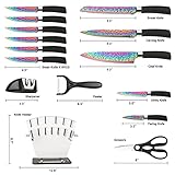 Rainbow Titanium Knife Set, Sharp Stainless Steel Knives Set with Acrylic Block,Sharpener, 6 Steak Knives, Cutlery Knife Block Set, Chef Quality for Home & Pro Use, Best Gift, Black Handle