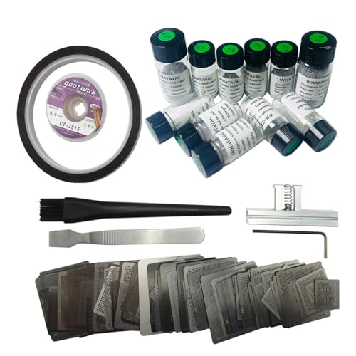 130pcs BGA Rework Net Stencils Universal Reballing Set for PCB Chips, Steel Template Mesh Directly Heat Set Kit for Laptop, Desktop, 11 Bottles Soldering Balls 25k 0.2-0.76MM