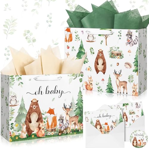 Buryeah 2 Pack 13" Large Baby Gift Bags with Tissue Paper Greeting Cards, Woodland Animal Paper Gift Wrap Bag with Handles and Envelopes for Baby Shower Birthday Party