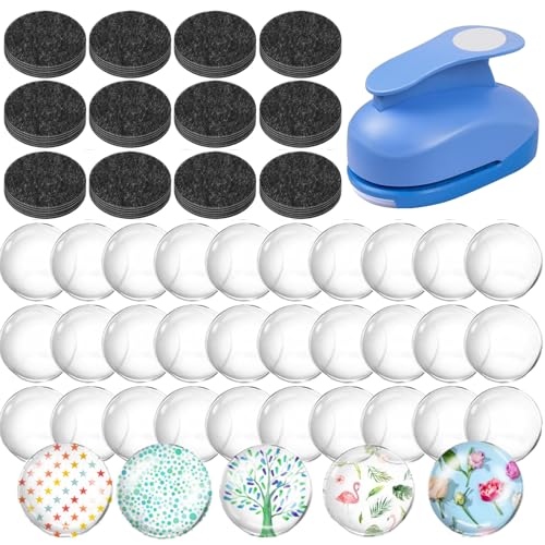 YULENANA 101pcs Fridge Glass Magnets Set with 1-Inch Paper Punches, Round Disc Ferrite Ceramic Magnets, Transparent Glass Cabochons for DIY Refrigerator Magnet Crafts, Clear