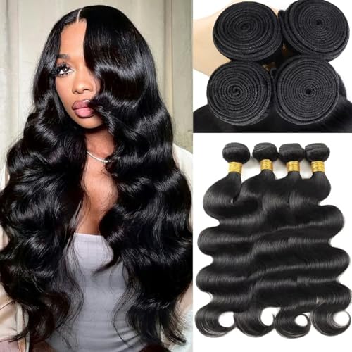 12A Human Hair Bundles 16 18 20 22 Inch Body Wave Bundles Human Hair 100% Unprocessed Brazilian Virgin Weave Bundles 4 Bundles Real Natural Black Wavy Human Hair Extensions 1B Bundles for Women