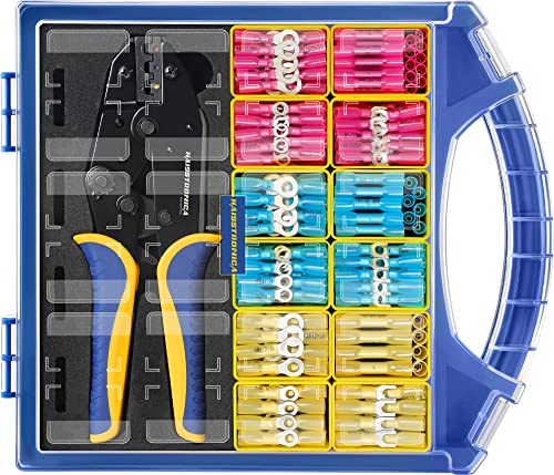 haisstronica 380PCS Marine Grade Heat Shrink Wire Connectors Set, 22-10 AWG Electrical Wire Connectors Kit,Ring Fork Butt Splice(3Color/12Size),with 9" Crimping Tools and Organizer