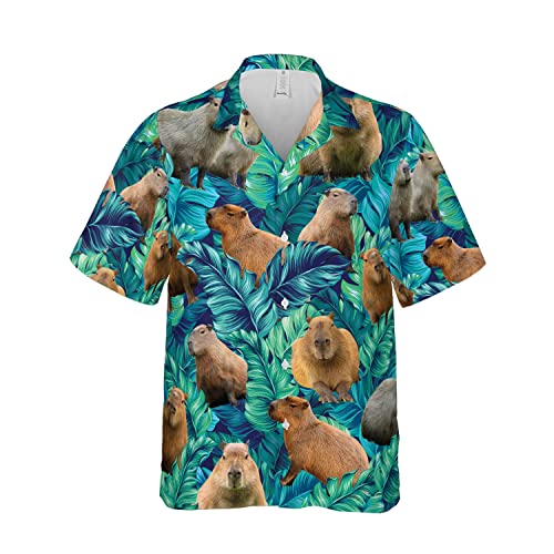 Capybara Printed Hawaiian Shirt Funny Capybara Tropical Leaves Summer Vibes Beach Shirt (as1, Alpha, 4X_l, Regular, Regular) Green