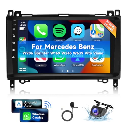 [8 CORE 2G+64G] Car Radio for Mercedes Benz W906 Sprinter W169 W245 W639 Vito Viano with Wireless Carplay/Android Auto, 9" Android 13 IPS Touch Screen Stereo, Bluetooth, GPS, WiFi, SWC, DSP + Camera