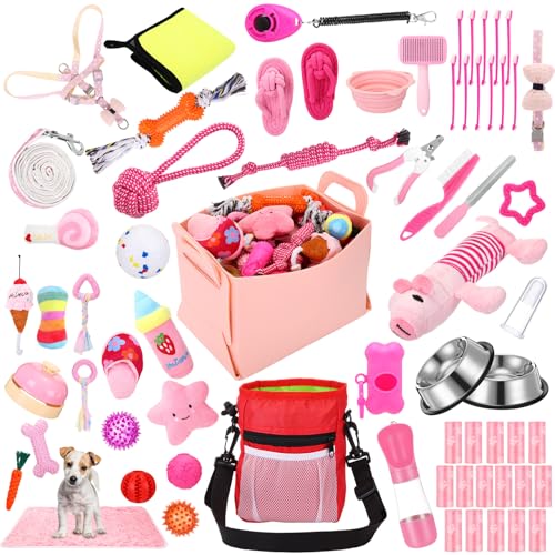 PullCrease 65 Pcs Puppy Supplies Starter Kit Small Dog Essentials Includes Dog Leash, Toys, Bowl, Brushes, Water Bottles, pet Blankets Puppy Accessories for New Welcome Gift Supplies(Cute,Pink)