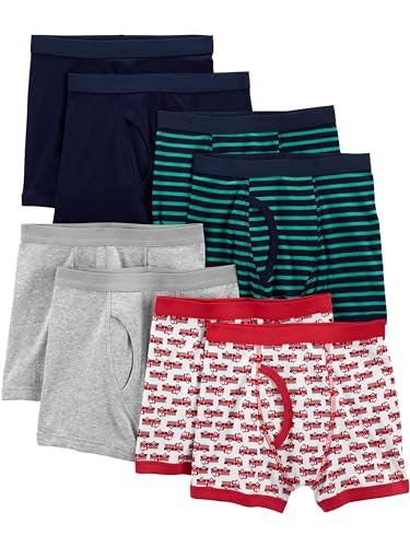 Simple Joys by Carter's Boys' 8-Pack Underwear, Green Stripe/Grey Heather/Navy/Red Firetruck, 4-5
