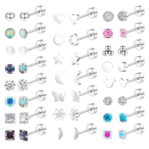 MOZAKA 23 Pairs Hypoallergenic Titanium Earrings for Women Cute Heart CZ Flower Pearl Ball Tiny Flat Back Earrings G23 Titanium Earrings for Sensitive Ear