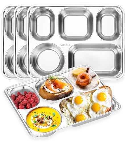Nexboraque 4 Pack 304 Stainless Steel Divided Plates Tray, 5 Sections Small Rectangular Dinner Plates Control Plates for Kids, Picky Eaters, Campers, Diet Food Portion Control