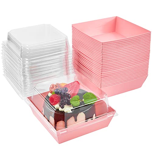 Kucoele 100 Pack Paper Charcuterie Boxes with Clear Lids, 4 Inches Pink Cookie Boxes Dessert Boxes Disposable Food Containers for Sandwich, Cake Slice, Cupcake, Chocolate Covered Strawberry