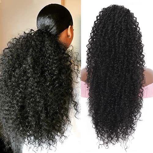 Youthfee 27” Drawstring Ponytail Deep Curly Heat Resistant Human Hair Blended Instant Clip Ponytail Extension Protective Style Afro Kinky Curly Hair Pieces for Women