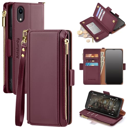 Antsturdy Wallet Phone Case Compatible with iPhone XR, Wine Red | RFID Blocking, PU Leather, Women Men, Flip, Shockproof, Protective Cover, Wrist Strap, Zipper Pocket, Credit Card Holder Slots