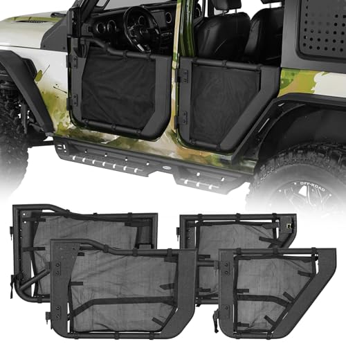 Hooke Road Tube Half Door Trail Door Guards for 2018-2025 Jeep Wrangler JL Unlimited & Gladiator JT, Set of 4 Front & Rear Tubular Doors w/Black Shade Skins