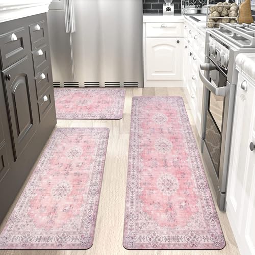 ZYZEV Boho Kitchen Rugs Sets of 3 Non Slip Rubber Kitchen Mats for Floor Machine Washable Runner Rug Set for Kitchen Laundry Room Entryway Pink