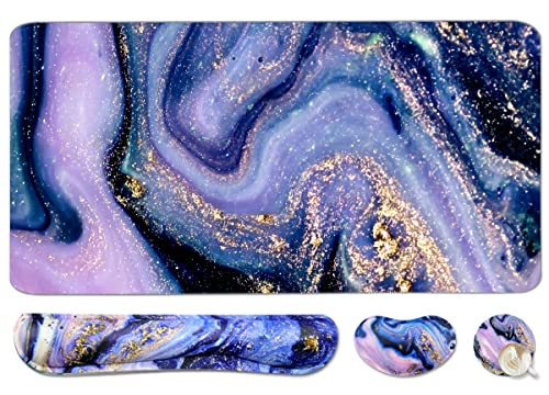 4-in-1 Large Gaming Mouse Pad, Keyboard Wrist Rest Pad & Wrist Support Mousepad Set, Extended Desk Pad Waterproof Desk Mat for Home Office Study Game - Purple Marble