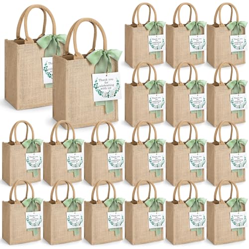 GliCraft 20 Pack Burlap Tote Bags with Handles Reusable Jute Gift Bags Thank You Gift Tags Chiffon Silk Ribbons for Wedding Invitations Parties and Baby Showers Bridesmaid(Sage Green)