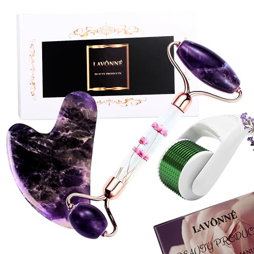 LAVÔNNÉ 100% Authentic Amethyst Jade Roller and Gua Sha Set for face I Micro Needle I Facial Tools I Purple Guasha I Premium Quality I Mother's Day Gift. (4 PCS, Purple)