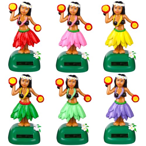 Welecom 6 Pack Hawaii Girl Solar Powered Dancing Toys Car Shaking Head Dancer Doll Girl Dashboard Bobble Hawaii Car Windowsill Decor Interior Dashboard Doll Multi-Color for Party Office Desk Home