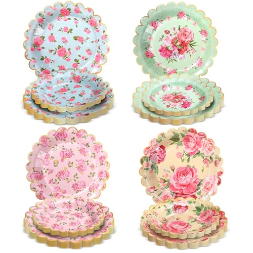 Pasimy 64 Pcs Floral Vintage Plates Paper Tea Party Tableware Set 9 Inch and 7 Inch Plates for Tea Party Birthday Baby Shower Wedding Bachelorette Party Supplies(Rose)