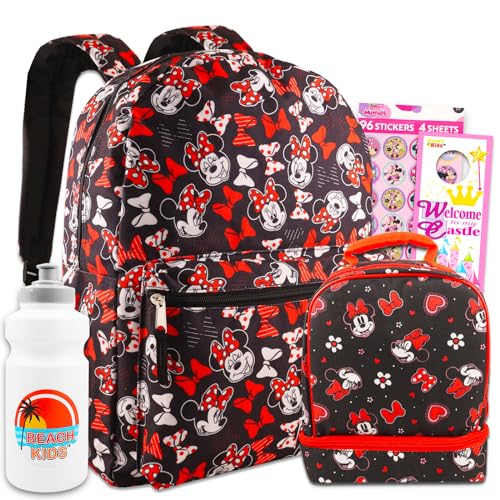 Disney Minnie Mouse Backpack and Lunch Box Set For Kids - Bundle with 16" Minnie Red Bow Backpack, Classic Minnie Lunch Bag, Stickers, & More | Minnie Mouse Backpack for School