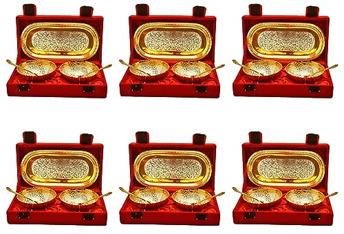 NOBILITY Bowl Spoon Tray Set Gold Silver Plated for Diwali Gift Housewarming Friends Relative Wedding Return Housewarming Gift Items 6 Sets
