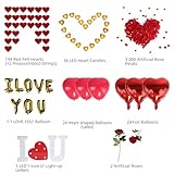 Romantic Decorations Valentines Day, Anniversary, Bedroom Special Night Décor - 3000 Rose Petals, LED & Balloon "I Love You" 36 Heart Candles, 2 Artificial Roses, 144 Red Heart Strings, Heart Balloons