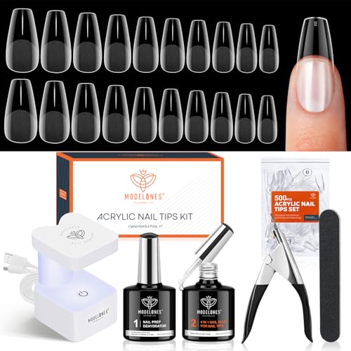 modelones Gel Nail Kit, Fake Nails Medium Coffin, 9-in-One Glue Prep Dehydrator & Portable Mini U V Light Acrylic Clipper, 500Pcs Coffin Tips Extension Kit for DIY Salon Home Gifts for Women