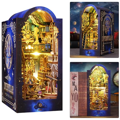 ISSEVE Book Nook Kit, 3D Wooden Puzzle DIY Miniature House Kit for Booknook Shelf Insert Decoration, Magic Book House Stand Bookshelf Dollhouse for Adults with Sensor Light (Explore The Universe)