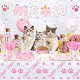 167 PCS Cat Birthday Party Supplies - Kitten MEOW Banner, Cat Paper Plates, Napkins, Cups, Tablecloth, Knives, Forks, Spoons and Straws for Girl Pet Cat Party Decorations, Serve 20 Guests