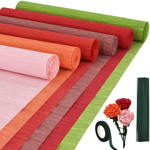 BEISHIDA 6 Rolls Crepe Paper Roll, 6 Red Series Crepe Paper Sheet for Flower Making, Flowers Kit with Tape and Wire for Wedding Birthday Holiday Party Decoration,DIY Craft(9.8in x 8ft/Roll)
