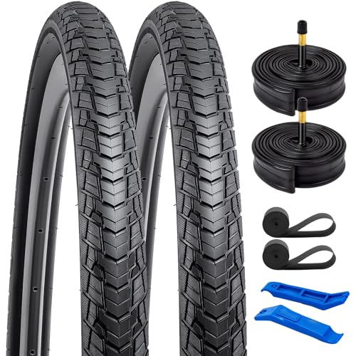 YUNSCM 2-PCS 700C Road Bike Tires 700x38C/40-622 and 700C Bike Tubes Schrader Valve with 2 Rim Strips Compatible with 700x36C 700x37C 700 x 38C 700x39C 700x40C Bike Bicycle Tires and Tubes (Y-1128)