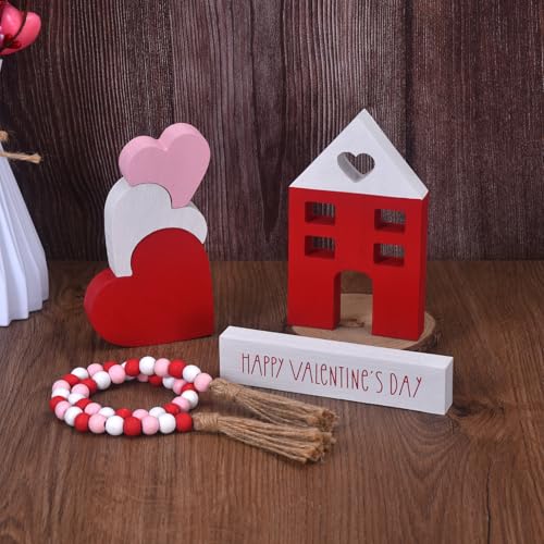Ovootok 6-Piece Wooden Valentine's Day Decor Set: Heart & House Table Decorations with Wood Bead Garland, Happy Valentine's Day Decor for The Home Mantels (White, Pink, Red)