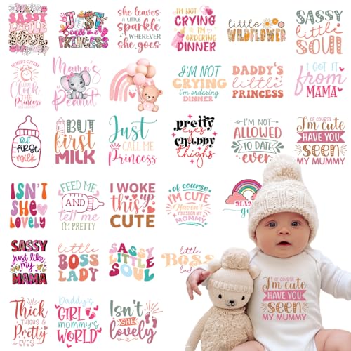 Kaciola 30 Sheets Baby Shower Games Iron on Transfers, Baby Girl DTF Transfers Ready to Press Bodysuit Making Stickers Iron on Decals for T Shirts Hoodie DIY Crafts (Girl)