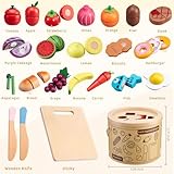 Wooden Play Food Sets for Kids Kitchen Accessories, Pretend Toy Food Velcro Fruit and Veggies Cutting Food Toy Set, Play Food Montessori Toys for 3 4 5 6 7 8 Boys and Girls Gift