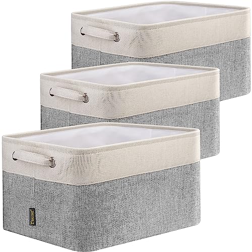 BALEINE Fabric Storage Bins for Shelves, Linen Storage Baskets for Organizing, Decorative Closet Storage Bins for Clothes, Toys, Home Storage (Grey, 3 Pack)