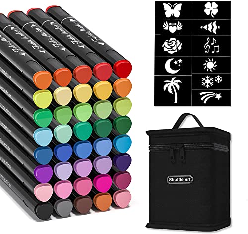 Shuttle Art Fabric Markers Pens, 40 Colors Dual Tip Fabric Markers Permanent No Bleed Markers for T-Shirts Sneakers, Non-Toxic & Child Safe Permanent Fabric Pens for Kids Adult Painting Writing