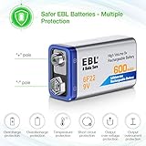 EBL 9 Volt Batteries 600mAh Li-ion Rechargeable 9V Battery Lithium-ion, 6 Packs