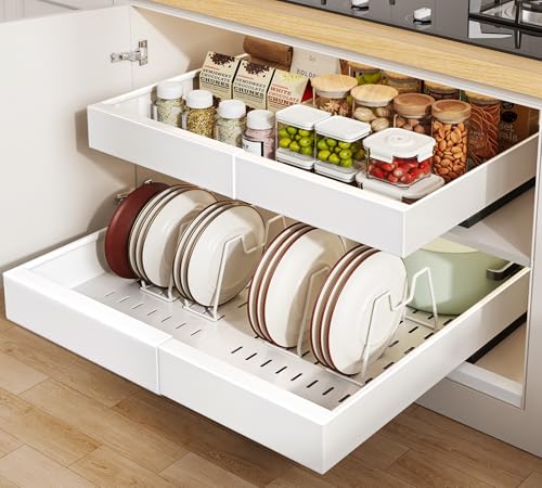 Seinloes 2 Pack Pull out Cabinet Organizer 21"Deep With Raising Pad for Framed Cabinets, Expandable Slide out Drawers for Kitchen Cabinets with 4pcs Divider Racks, Roll out Shelves 12.1"-20.4" W White