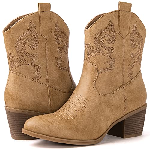 GLOBALWIN Women's Khaki Cowgirl Boots Ankle To Mid Calf Fashion Western Cowboy Boots For Women Chunky Low Heel Size 7.5M
