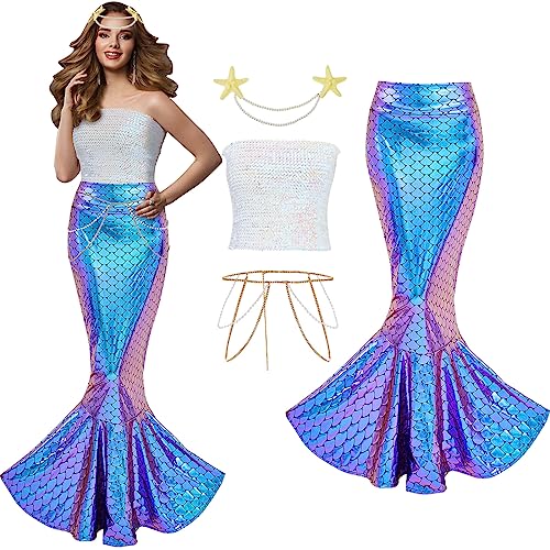 Newcotte 4 Pcs Mermaid Costume for Women Sequin Tube Top Skirt Pearl Waist and Head Chain for Halloween Cosplay (White, Blue and Purple,Medium)