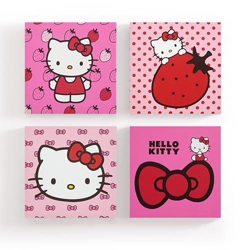 Idea Nuova Sanrio Hello Kitty Strawberry and Bow Canvas Wall Art 4 Piece Set for Room Décor,12"x12"