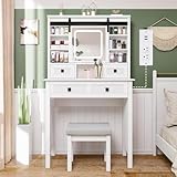MECHYIN Farmhouse Makeup Vanity Desk with Sliding Mirror, 31.5" Wide Vanity Set with Stool & Charging Station & 3 Brightness Lights, Ample Storage, Dressing Table for Women Girls Bedroom, White