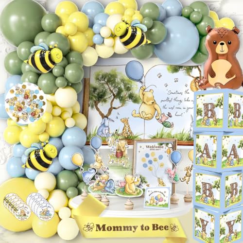 269 Pieces Winnie Baby Shower Decorations Kit, All-in-1 Whimsical the Pooh Party Pack With Balloon Arch, Guestbook Poster, Baby Boxes with Letters for Teddy Bear Shower - Yellow, Blue, Brown