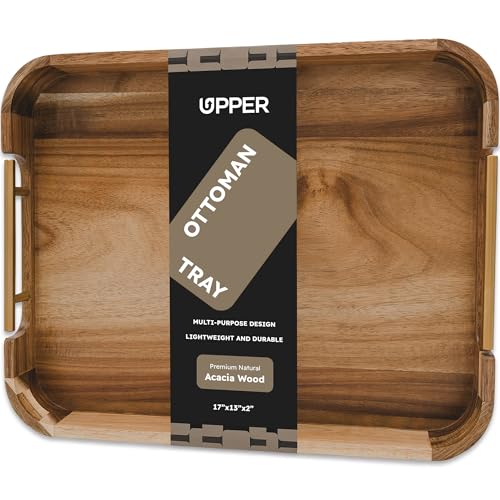 UPPER Ottoman Tray 17x13 Inches Acacia Wood Serving Tray with Handles, Decorative Serving Tray with Handles, Wooden Serving Tray for Ottoman, Coffee Table Tray, Breakfast Tray Anti-Skid Pads Included