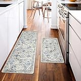 Ileading Kitchen Anti Fatigue Mat Set of 2 Non Skid Waterproof Kitchen Floor Mat Vintage Cushioned Comfort Standing Mat Boho Kitchen Rug Runner for Kitchen Sink Laundry, 17"x47"+17"x28", Blue